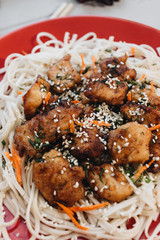 Delicious roasted meat and spaghetti on red plate