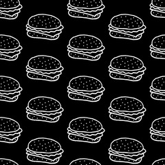 Cute cartoon hamburger background with hand drawn hamburgers. Sweet vector black and white hamburger background. Seamless monochrome doodle hamburger background for fabric, wallpapers and wrapping.