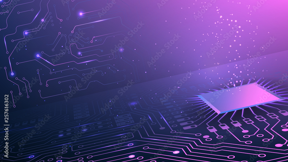Poster Purple technological background. Computer network and chips. Internet and technology. Electronic circuits. Chips with binary code. Social network. Global communication systems. Futuristic vector.