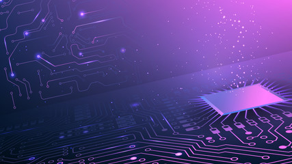 Obraz premium Purple technological background. Computer network and chips. Internet and technology. Electronic circuits. Chips with binary code. Social network. Global communication systems. Futuristic vector.