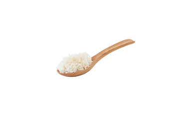 Rice on spoon wood on isolated white background