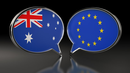 Australia and European Union flags with Speech Bubbles. 3D Illustration