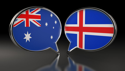 Australia and Iceland flags with Speech Bubbles. 3D Illustration