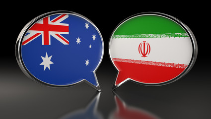 Australia and Iran flags with Speech Bubbles. 3D Illustration