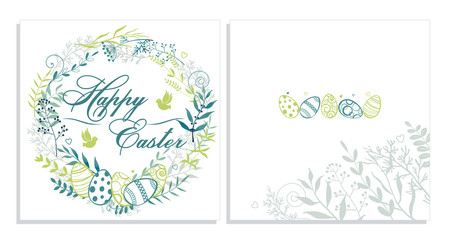 Floral round frame. Easter eggs in a wreath of twigs, herbs, and flowers. Happy Easter greeting inscription with birds. Template for greeting card.