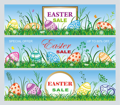 Colored Easter patterned eggs in the grass. Banners with the announcement of Easter discounts. Tablet Easter sale.