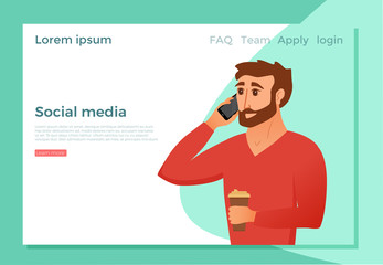 Young man speaking on the smartphone and handing coffee cup