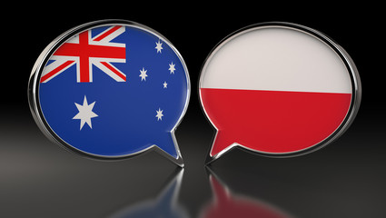 Australia and Poland flags with Speech Bubbles. 3D Illustration