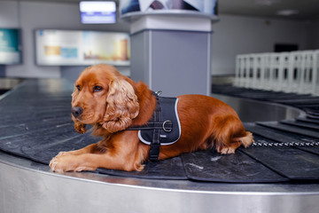 Portrait of a cocker sitting on the luggage conveyance at the airoport background. Horizontal view