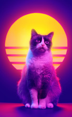 Retrowave synthwave portrait of a cat in 90s retro aesthetics style. 80s sci-fi futuristic poster...