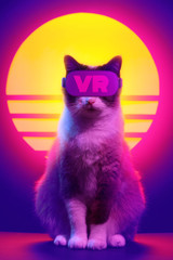 Cat wearing virtual reality goggles wireless headset. VR videogame experience in 80's synth wave and retro vaporwave futuristic aesthetics. © nevodka.com