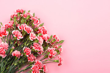 Bouquet of carnation flowers on pastel pink background. Top view with copy-space.