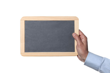 male man showing a chalk blackboard, clipping path and copy space for your text