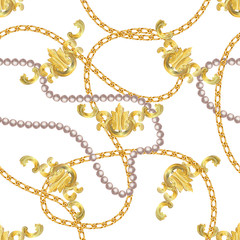 Baroque print with golden chains, golden key, pearls,  belts, baroque elments. Seamless Baroque vector pattern. Vector patch for print, fabric, scarf design