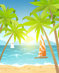 Fototapeta na wymiar Sea beach and sun loungers. Seascape, vacation banner with sailing ships, palms and clouds. Cartoon vector illustration - Vector.