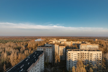 Fototapeta na wymiar Abandoned Cityscape in Pripyat, Chernobyl Exclusion Zone 2019