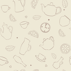 Beige background with teapots, cups, slices of lemon. Kitchen vessels. Vector seamless pattern.