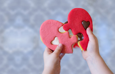 mother and families day with baby hands holding a heart shaped cookie detail