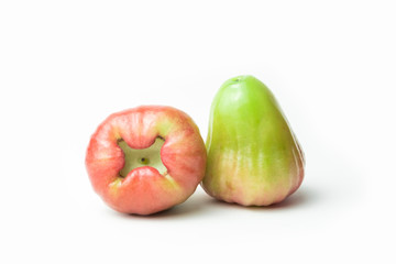 Rose apples isolated fresh on white background. The fruits are sweet and red or green.