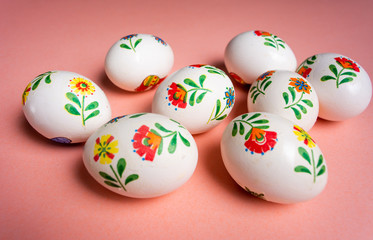Decorated and arranged Easter eggs for a happy holiday