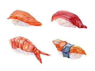Sushi set. Salmon and shrimp. Tuna and eel fish. Watercolor illustration.