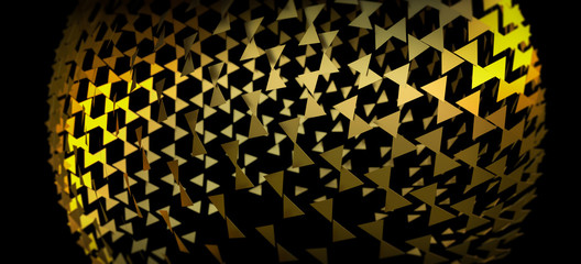 3D rendered shapes in gold on black background. Geometric design.
