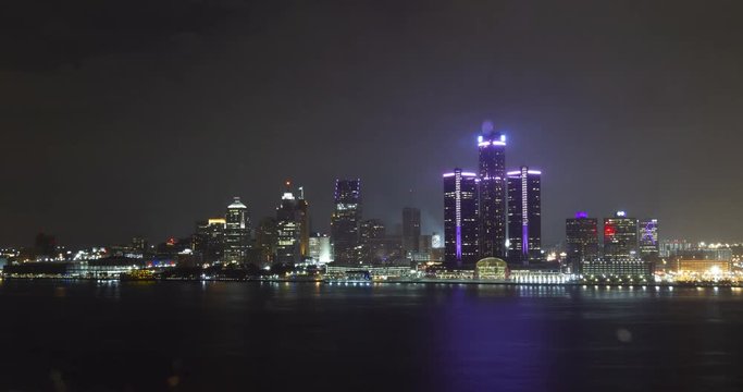 Detroit Timelapse At Night Downtown Skyline Cloudy
