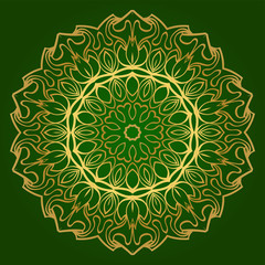 Flower Coloring Mandala. Decorative Elements. Oriental Pattern, Vector Illustration. Indian, Moroccan, Mystic, Ottoman Motifs. Green gold color