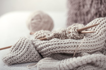Fototapeta na wymiar Vintage wooden knitting needles and yarn, close-up