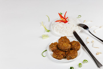 Traditional oriental cuisine of  Vietnam. Bun cha rice noodles with meat steak and bean sprouts