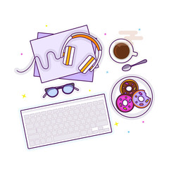 Flat lay with glasses, headphones, keyboard, donuts and coffee