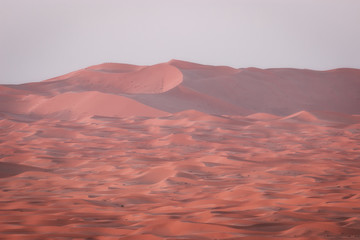 Fototapeta na wymiar Magnificent landscape in the Sahara Desert of Morocco, Merzouga. Splendid sunset and sand dunes