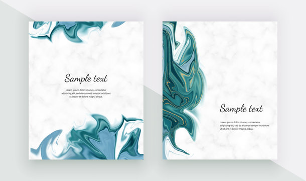 Liquid design cards on the marble texture. Blue with golden glitter ink painting background. Trendy templates for banner, flyer, poster, save the date, greeting