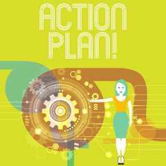 Handwriting text writing Action Plan. Conceptual photo proposed strategy or course of actions for certain time Woman Standing and Presenting the SEO Process with Cog Wheel Gear inside