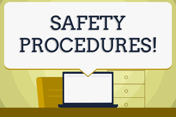 Conceptual hand writing showing Safety Procedures. Concept meaning Follow rules and regulations for workplace security Blank Huge Speech Bubble Pointing to the White Laptop Screen