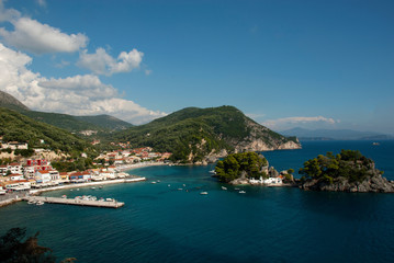Aerial view of the harbor and city of Parga, Epirus, Greece
