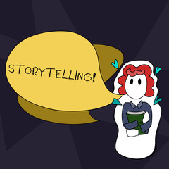 Handwriting text writing Storytelling. Conceptual photo activity of telling or writing stories novels to someone Girl Holding Book with Small Hearts Around her and Two Color Speech Bubble