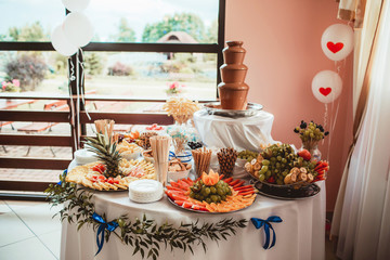 Sweet catering table with chocolate fountain and fruits. Wedding venue decorations.