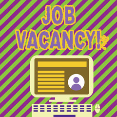 Obraz premium Handwriting text writing Job Vacancy. Conceptual photo state of being empty or available job to be taken employer Desktop Computer Mounted on Stand with Online Profile Data on Monitor Screen