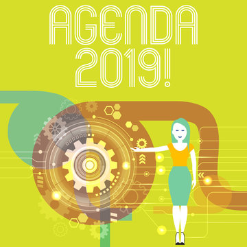 Handwriting text writing Agenda 2019. Conceptual photo list of items to be discussed at formal meeting or event Woman Standing and Presenting the SEO Process with Cog Wheel Gear inside