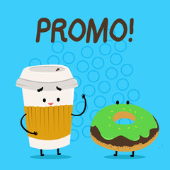 Handwriting text Promo. Conceptual photo Piece of advertising Discount Special Offer Sale Carry Out Paper Cup with Lid and Sleeve Beside Doughnut with Frosting on Top