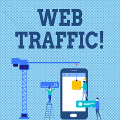Word writing text Web Traffic. Business photo showcasing amount of data sent and received by visitors to website Staff Working Together for Common Target Goal with SEO Process Icons