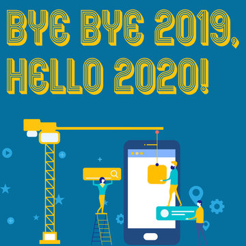 Word writing text Bye Bye 2019 Hello 2020. Business photo showcasing saying goodbye to last year and welcoming another good one Staff Working Together for Common Target Goal with SEO Process Icons
