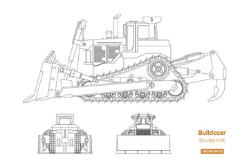 Bulldozer in outline style. Front, side and back view of digger. Building machinery image. Industrial isolated drawing of dozer. Diesel vehicle blueprint