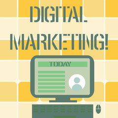 Fototapeta premium Conceptual hand writing showing Digital Marketing. Concept meaning market products or services using technologies on Internet Computer Mounted on Stand with Online Profile Data on Screen