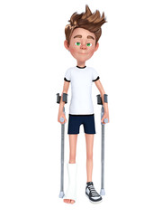 3D rendering of a cartoon boy with broken leg.