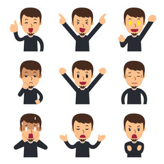 Vector cartoon set of man faces showing different emotions for design.