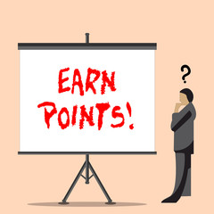 Word writing text Earn Points. Business photo showcasing collecting big scores in order qualify to win big prize Businessman with Question Mark Above his Head Standing Beside Blank Screen