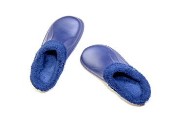 Men's blue shoes for cottages closeup on a white background