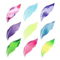 Watercolor feathers set. Hand drawn illustration with colorful feathers and white background. Design for paper, textile, backdrop